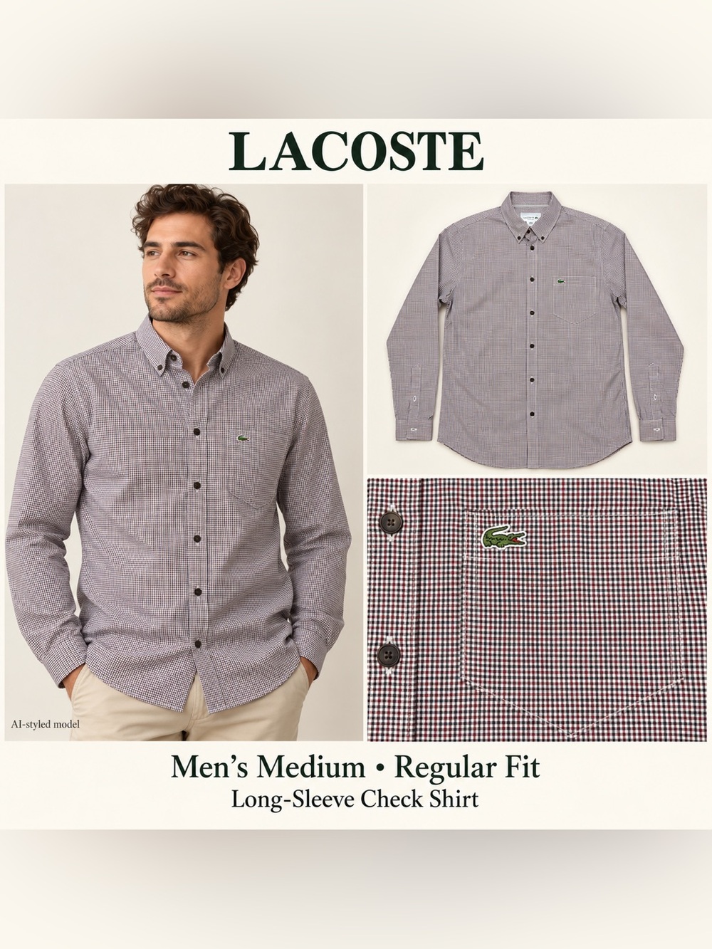 Lacoste Men's Long-Sleeve Micro-Check Button Down Shirt — Size Medium